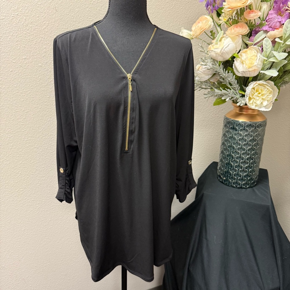 Zenana Black Gold-Zip Roll-Tab Sleeve Blouse Top XL Chic Work Casual